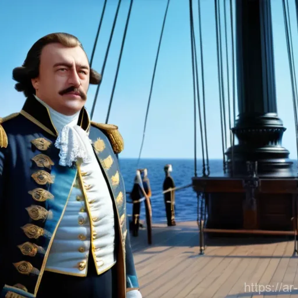 러시아의 국기와 상징 의미 - **Prompt:** A historically accurate depiction of Peter the Great on the deck of the "Oryol" warship ...