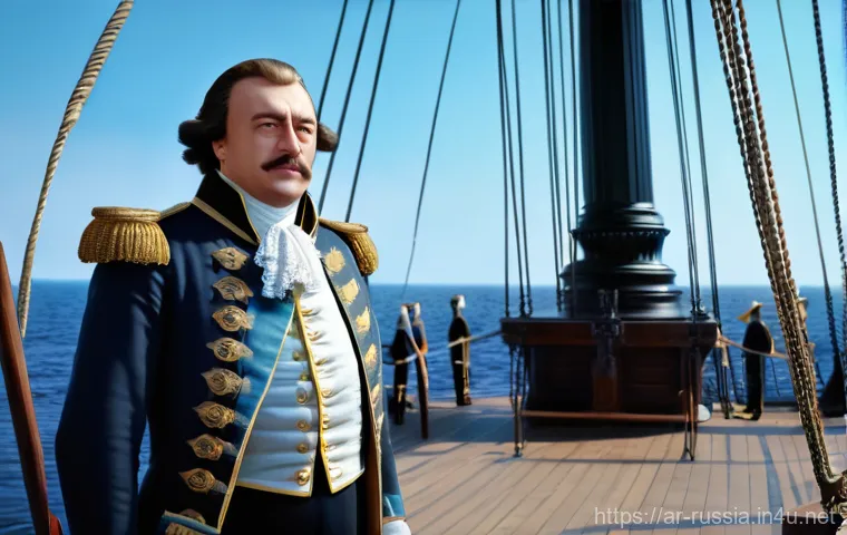 러시아의 국기와 상징 의미 - **Prompt:** A historically accurate depiction of Peter the Great on the deck of the "Oryol" warship ...