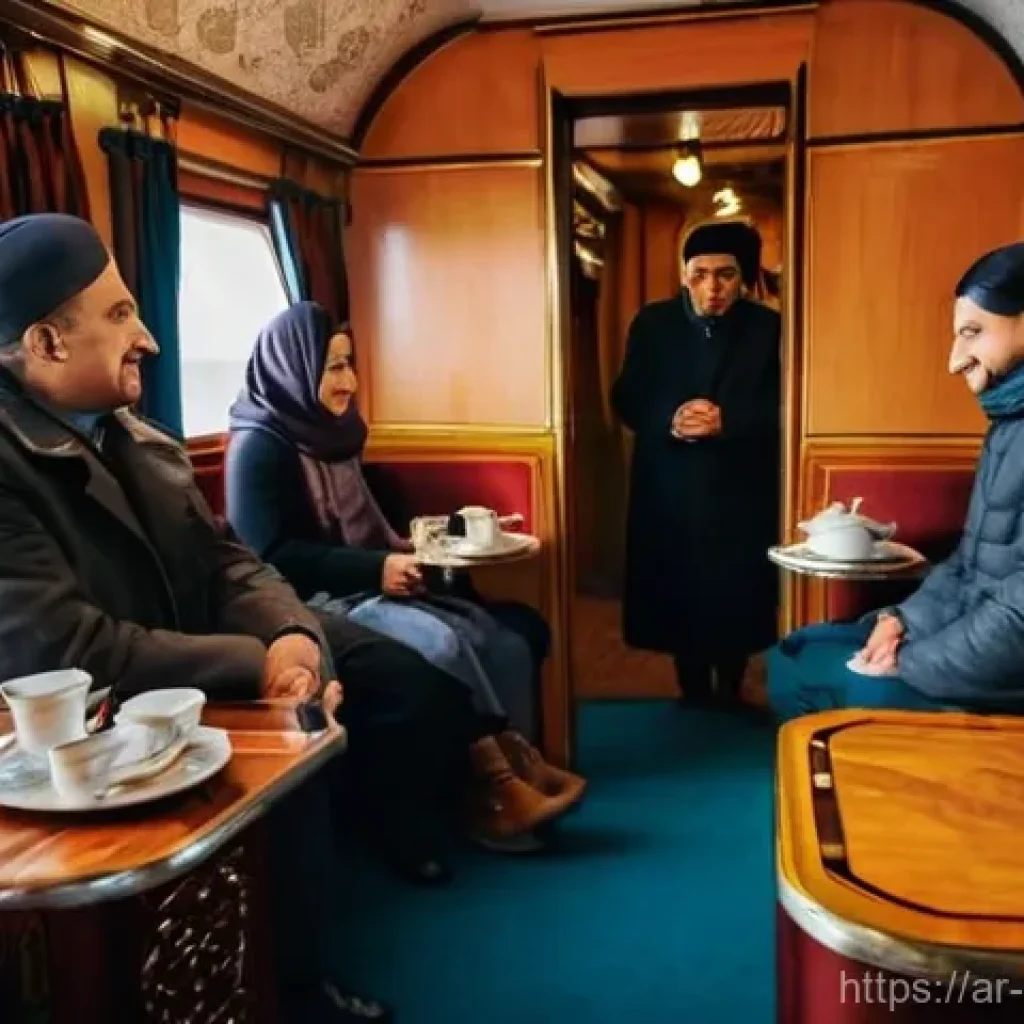 시베리아 횡단 열차 여행 - **Prompt:** A cozy, warm interior of a Trans-Siberian Railway train compartment in the "Kupe" (secon...