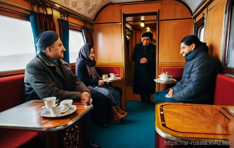 시베리아 횡단 열차 여행 - **Prompt:** A cozy, warm interior of a Trans-Siberian Railway train compartment in the "Kupe" (secon...