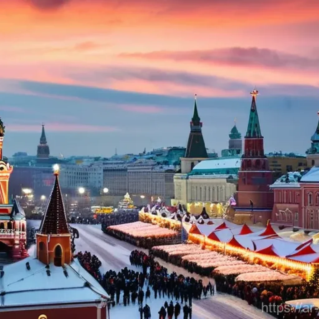 모스크바 겨울 풍경 - **Red Square Winter Wonderland:** A panoramic, vibrant image of Moscow's Red Square at dusk during w...