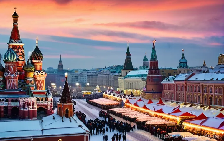 모스크바 겨울 풍경 - **Red Square Winter Wonderland:** A panoramic, vibrant image of Moscow's Red Square at dusk during w...